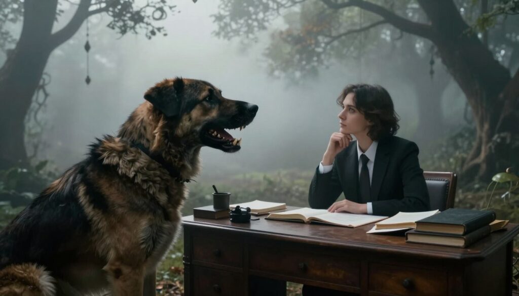 A surreal dreamscape illustrating the theme of dream interpretation based on context. In the foreground, a large, menacing dog, its teeth bared in a protective stance, symbolizes hidden dangers. The dog's fur is detailed with shadows, reflecting the complex emotions tied to dreams. In the middle, a person, dressed in professional business attire, gazes thoughtfully at the dog while sitting at a vintage wooden desk cluttered with dream journals and open books on psychology. The background features a foggy landscape, with soft, ethereal light filtering through a tangle of dreamlike shapes and shadows, creating a sense of depth and contemplation. The mood is tense yet contemplative, inviting the viewer to explore the nuances of dream meaning. The overall atmosphere is mysterious and introspective, perfect for illustrating the intricate relationships between dreams and their interpretations.
