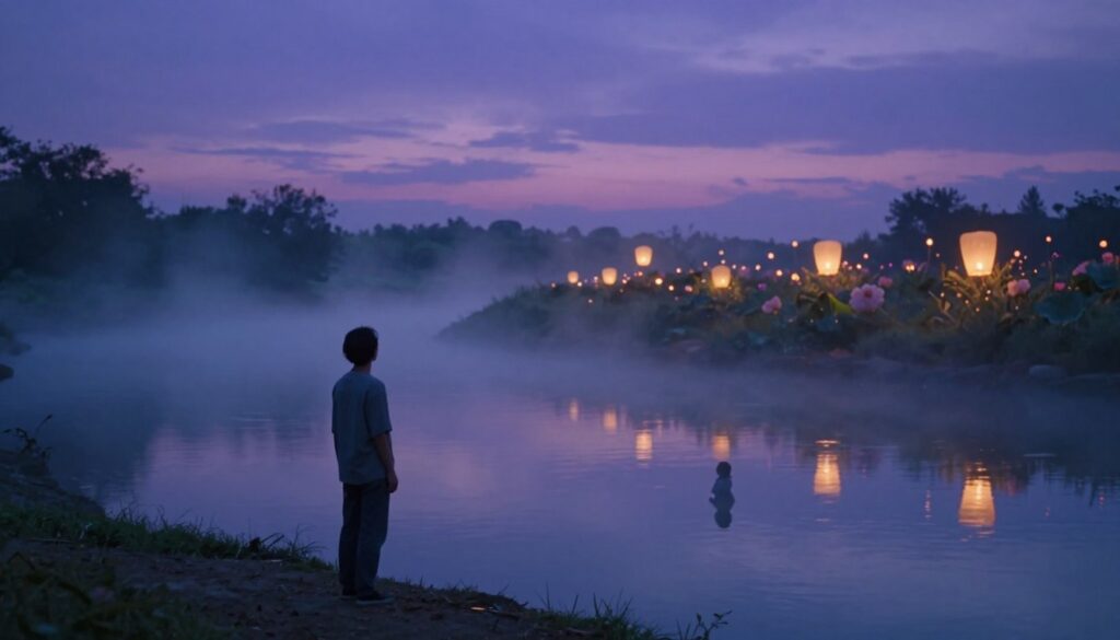 A surreal interpretation of a dream landscape symbolizing transformation through death. In the foreground, a figure in modest casual clothing stands at the edge of a foggy river, looking contemplatively toward the water's surface reflecting dreamy images of a sibling's silhouette. The middle layer features ethereal elements like floating lanterns and flowers, gently illuminated with a soft, warm glow, suggesting hope and rebirth. In the background, a twilight sky is painted in deep purples and blues, with stars emerging, symbolizing the unknown and the journey of the soul. The mood is solemn yet uplifting, evoking a sense of reflection and transformation. The composition should have a slightly blurred focus, enhancing the dreamlike quality. A surreal interpretation of a dream landscape symbolizing transformation through death. In the foreground, a figure in modest casual clothing stands at the edge of a foggy river, looking contemplatively toward the water's surface reflecting dreamy images of a sibling's silhouette. The middle layer features ethereal elements like floating lanterns and flowers, gently illuminated with a soft, warm glow, suggesting hope and rebirth. In the background, a twilight sky is painted in deep purples and blues, with stars emerging, symbolizing the unknown and the journey of the soul. The mood is solemn yet uplifting, evoking a sense of reflection and transformation. The composition should have a slightly blurred focus, enhancing the dreamlike quality.