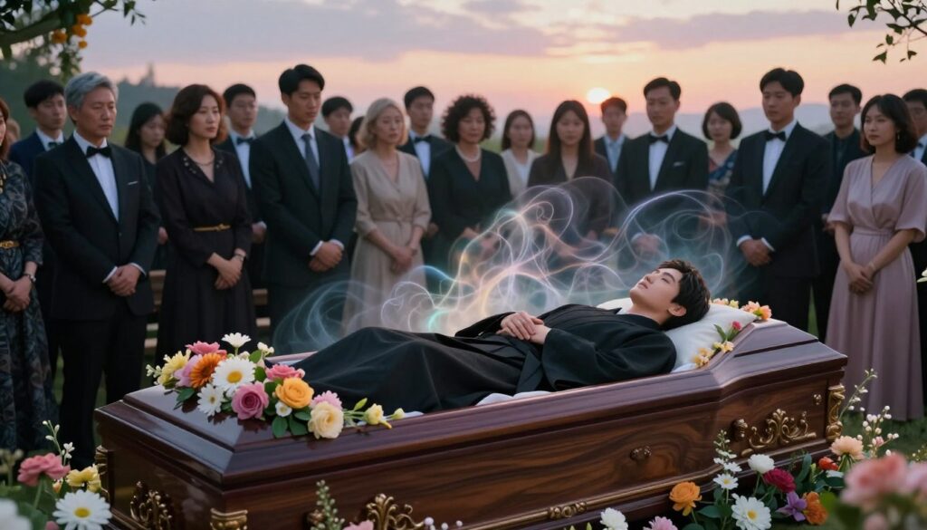 A surreal scene depicting a vibrant dream of one's own funeral, illustrating transformation and change. In the foreground, a serene figure dressed in traditional black attire lies in an ornate coffin, surrounded by blooming flowers signifying new beginnings. The middle layer features a diverse group of elegantly dressed attendees, gazing at the coffin with expressions of reflection and realization. In the background, a softly glowing horizon symbolizes hope, as ethereal wisps of light emanate from the figure. The setting is illuminated by gentle, surreal lighting, casting a dreamlike atmosphere. Utilize a slightly elevated angle to capture the entire scene, evoking a sense of contemplation and tranquility, blending realism with a touch of the abstract. A surreal scene depicting a vibrant dream of one's own funeral, illustrating transformation and change. In the foreground, a serene figure dressed in traditional black attire lies in an ornate coffin, surrounded by blooming flowers signifying new beginnings. The middle layer features a diverse group of elegantly dressed attendees, gazing at the coffin with expressions of reflection and realization. In the background, a softly glowing horizon symbolizes hope, as ethereal wisps of light emanate from the figure. The setting is illuminated by gentle, surreal lighting, casting a dreamlike atmosphere. Utilize a slightly elevated angle to capture the entire scene, evoking a sense of contemplation and tranquility, blending realism with a touch of the abstract.