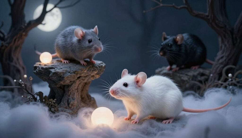 A surreal scene depicting three mice in a dreamlike landscape, emphasizing their colors: a pure white mouse, a soft gray mouse, and a deep black mouse. In the foreground, the white mouse stands on a bed of mystical, swirling clouds, illuminated by gentle moonlight, symbolizing purity and innocence. The gray mouse is perched on a whimsical rock formation in the middle ground, surrounded by softly glowing orbs, representing neutrality and balance. The black mouse lurks in the shadowed background, nestled among dark, twisted trees, conveying mystery and the unknown. The lighting is ethereal, with a soft focus on each mouse, capturing the essence of dreams and subconscious symbolism. The atmosphere is tranquil yet vivid, inviting curiosity and reflection.