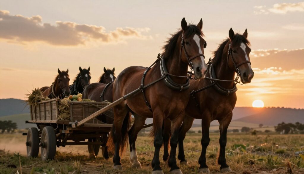 A team of strong, majestic horses harnessed together in a traditional wooden cart, showcasing their robust physique and powerful presence. The foreground features the horses straining against the yoke, muscles rippling under their glossy coats as they pull with determination. In the middle ground, the cart is laden with hay or farm produce, symbolizing hard work and the fruits of labor. The background depicts a soft-focus rural landscape with rolling hills under a vibrant sunset, casting warm golden light that enhances the horses’ natural beauty. The mood is one of resilience and strength, capturing the essence of teamwork and perseverance in the task at hand. The scene is photographed from a low angle, emphasizing the horses’ stature against the expansive sky.
