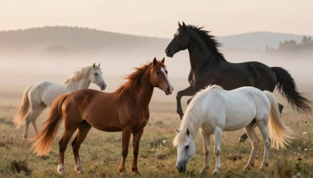 A tranquil dreamscape featuring a variety of horses of different colors, symbolizing the interpretation of horse colors in dreams. In the foreground, a stunning chestnut horse with a flowing mane stands proudly, embodying strength. Next to it, a gentle white horse, representing purity and serenity, grazes peacefully. In the middle ground, a striking black horse, symbolizing mystery and power, is captured in mid-gallop, exuding energy. The background displays a soft, ethereal landscape bathed in a golden dawn light, with soft rolling hills and a misty horizon, creating a serene atmosphere. Use a wide-angle lens to capture the dynamic colors and the emotional essence of freedom and strength. The overall mood is dreamy and reflective, inviting viewers to contemplate the symbolism behind the colors of horses in dreams.