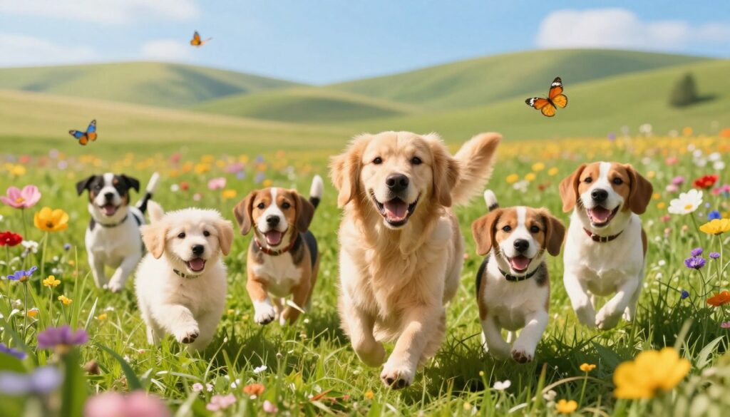 A vibrant and uplifting scene depicting the positive symbolism of dreams about dogs. In the foreground, an assortment of joyful dogs, including a golden retriever, a beagle, and a playful puppy, are frolicking together in a sunlit meadow, their expressions filled with happiness and loyalty. In the middle ground, colorful flowers bloom, creating a vivid contrast to the lush green grass, while butterflies flutter around, enhancing the dreamlike quality of the environment. In the background, gently rolling hills softly fade into a clear blue sky, radiating warmth and tranquility. The lighting is bright and cheerful, capturing the essence of a bright sunny day. This image encapsulates feelings of companionship, joy, and the nurturing bond between humans and dogs, evoking a sense of positivity and hope.