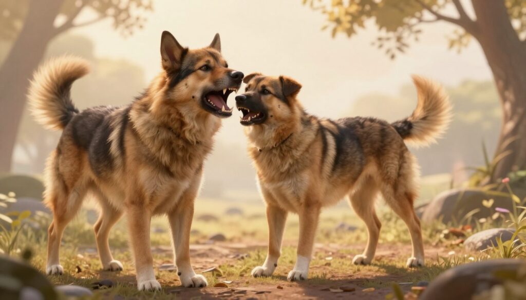A vivid dream scene depicting a transitioning atmosphere of an aggressive dog morphing into a friendly one. In the foreground, a large, snarling dog with sharp teeth and raised hackles stands defensively, its fur bristling in anger. The middle ground shows the dog's expression softening, its stance relaxing, reflecting a gradual change from aggression to gentleness, perhaps wagging its tail. The background features a serene, dreamlike landscape bathed in warm, soft lighting, with gentle colors that evoke a sense of calm and transformation. Light filtering through trees creates dappled patterns on the ground, enhancing the peaceful atmosphere. The angle is slightly low, focusing on the dog's transformation while encapsulating the tranquil surroundings, conveying a mood of hope and reconciliation.