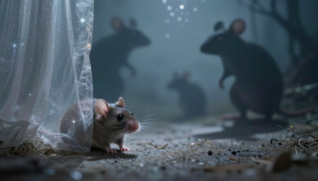 An ethereal, dreamlike scene encapsulating emotions and fears related to dreams about mice. In the foreground, a small, anxious mouse with large, expressive eyes peeks out from behind a shimmering curtain of translucent wisps, embodying vulnerability. In the middle ground, a surreal landscape unfurls, blending muted blues and grays, with shadowy silhouettes of larger mice looming menacingly, casting long shadows. The background features a soft, blurred night sky filled with twinkling stars, creating a sense of deep introspection. Soft, diffused lighting bathes the scene, enhancing the atmosphere of unease and reflection. The overall mood is haunting yet contemplative, inviting viewers to explore the hidden emotions and fears within dreams about mice, evoking a sense of curiosity and unease.
