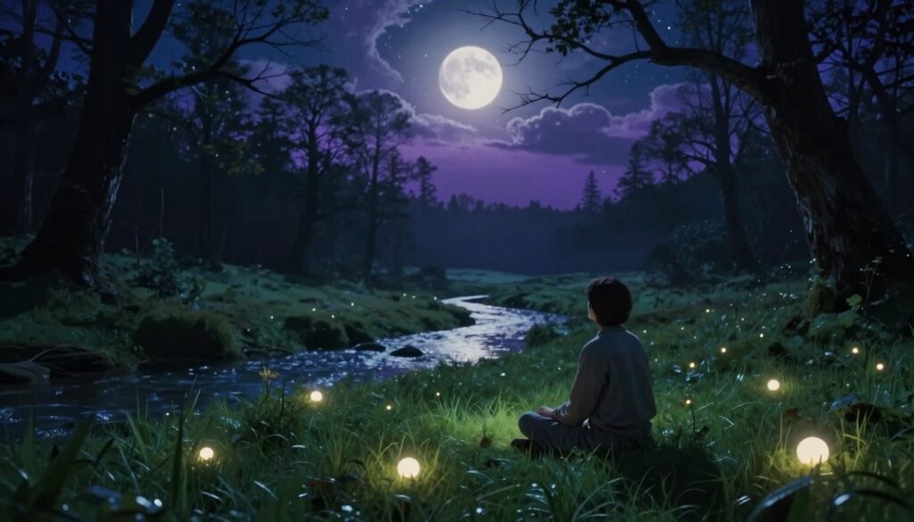 An ethereal dreamscape depicting a serene moonlit scene representing the interpretation of dreams about death. In the foreground, a calm individual in modest clothing sits cross-legged on a lush green meadow, surrounded by softly glowing orbs symbolizing thoughts and memories. In the middle ground, a gentle stream flows, reflecting the moonlight, representing the passage of time and emotions. The background features a mystical forest with silhouettes of trees, their branches reaching towards a starry sky filled with swirling clouds, creating a sense of depth and introspection. The lighting is soft and soothing, with a cool color palette of blues and purples, enhancing the tranquil and reflective atmosphere. The scene invites contemplation, embodying guidance and wisdom on interpreting loss and dreams. An ethereal dreamscape depicting a serene moonlit scene representing the interpretation of dreams about death. In the foreground, a calm individual in modest clothing sits cross-legged on a lush green meadow, surrounded by softly glowing orbs symbolizing thoughts and memories. In the middle ground, a gentle stream flows, reflecting the moonlight, representing the passage of time and emotions. The background features a mystical forest with silhouettes of trees, their branches reaching towards a starry sky filled with swirling clouds, creating a sense of depth and introspection. The lighting is soft and soothing, with a cool color palette of blues and purples, enhancing the tranquil and reflective atmosphere. The scene invites contemplation, embodying guidance and wisdom on interpreting loss and dreams.