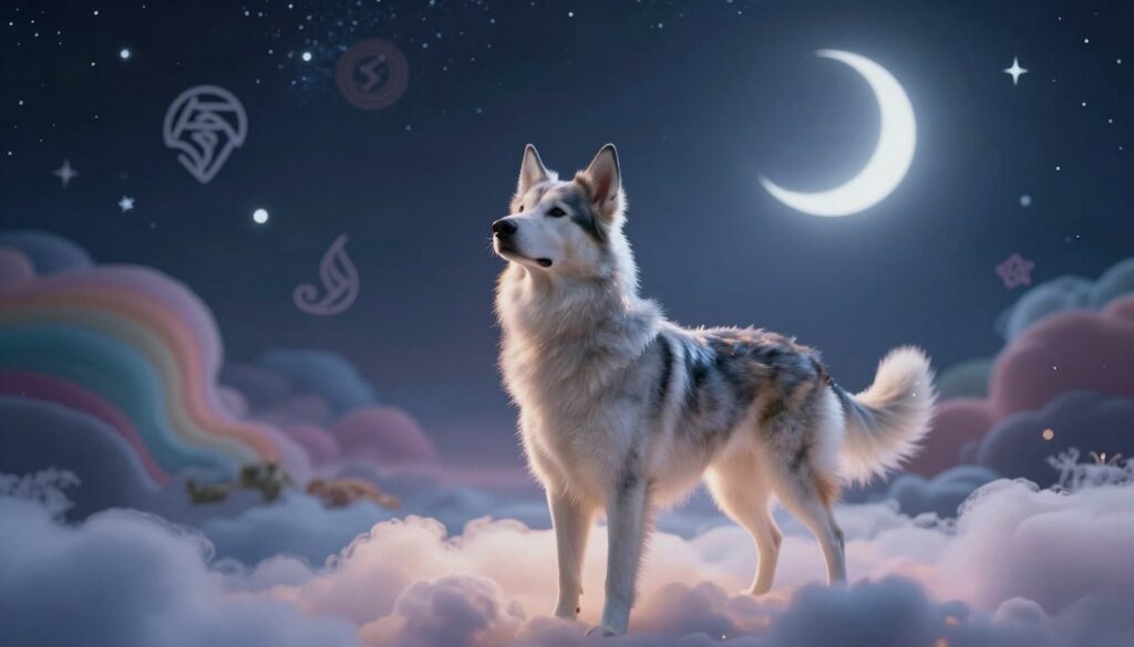 An ethereal dreamscape featuring a serene and mystical interpretation of dreams involving dogs. In the foreground, a wise, majestic dog stands on a soft, glowing cloud, exuding calm and tranquility. Its fur shimmers with a halo of soft light. The middle ground reveals a surreal landscape with abstract dream elements, such as swirling colors and faint, symbolic icons representing interpretations of dreams, like ancient runes and star motifs. The background features a starry night sky, with a crescent moon casting gentle, silver light, creating a mystical atmosphere. The overall mood is contemplative and harmonious, inviting a sense of wonder and introspection regarding the esoteric meanings of dreams. Capture this in a soft-focus style to enhance the dreamlike quality.