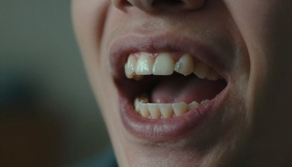 A close-up of a mouth slightly open, revealing several teeth that appear cracked and loose, as if they are about to fall out. The teeth should be shown in vivid detail, with textures highlighting imperfections and fragility. The surrounding gums are pale and slightly swollen, enhancing the sense of discomfort. The background is softly blurred, featuring a dimly lit room that suggests a dreamlike atmosphere, with muted colors and gentle shadows to evoke a feeling of unease. The lighting should be subtle, casting soft highlights on the teeth, emphasizing their condition. Use a shallow depth of field to focus on the mouth, creating an intimate yet unsettling mood. A close-up of a mouth slightly open, revealing several teeth that appear cracked and loose, as if they are about to fall out. The teeth should be shown in vivid detail, with textures highlighting imperfections and fragility. The surrounding gums are pale and slightly swollen, enhancing the sense of discomfort. The background is softly blurred, featuring a dimly lit room that suggests a dreamlike atmosphere, with muted colors and gentle shadows to evoke a feeling of unease. The lighting should be subtle, casting soft highlights on the teeth, emphasizing their condition. Use a shallow depth of field to focus on the mouth, creating an intimate yet unsettling mood.