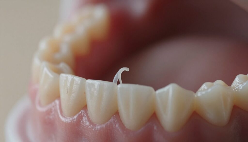 A close-up of a set of teeth, partially open, showcasing a few loose teeth gently wobbling in place. The scene is illuminated by soft, natural lighting, creating a calm and serene atmosphere. The foreground highlights the teeth' texture, capturing the healthy whiteness of the enamel while emphasizing the subtle movement of the loose teeth. In the middle, subtly blurred details of the gums and surrounding mouth enhance the focus on the teeth, creating a sense of intimacy. The background fades softly into a warm, neutral tone, suggesting a dreamlike state. The overall mood conveys a contemplative exploration of dreams and interpretations related to teeth. A close-up of a set of teeth, partially open, showcasing a few loose teeth gently wobbling in place. The scene is illuminated by soft, natural lighting, creating a calm and serene atmosphere. The foreground highlights the teeth' texture, capturing the healthy whiteness of the enamel while emphasizing the subtle movement of the loose teeth. In the middle, subtly blurred details of the gums and surrounding mouth enhance the focus on the teeth, creating a sense of intimacy. The background fades softly into a warm, neutral tone, suggesting a dreamlike state. The overall mood conveys a contemplative exploration of dreams and interpretations related to teeth.