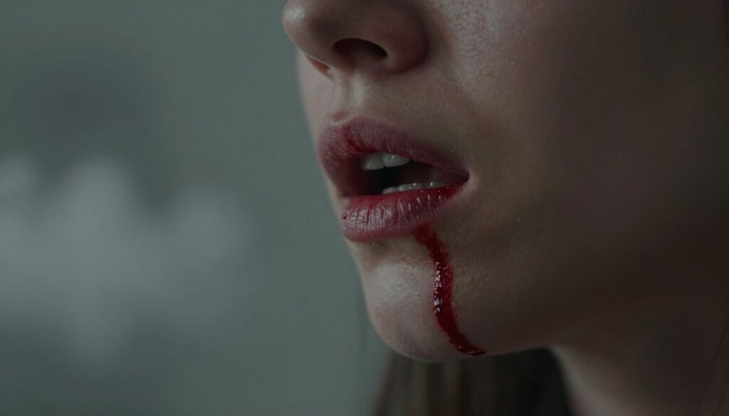 A close-up view of a person's mouth, slightly open, with a faint trickle of crimson blood spilling from the corner. The face should express a mixture of concern and introspection, highlighting the emotional weight of this phenomenon. In the background, faint abstract representations of dreams, like soft clouds or blurred images, create a surreal atmosphere. The lighting is subdued, with a focus on the face, emphasizing the contrast between the vibrant red of the blood and the muted tones of the background. The composition should feel intimate and thought-provoking, shot with a shallow depth of field to draw attention to the details of the mouth and emotional expression, creating a poignant and reflective mood.