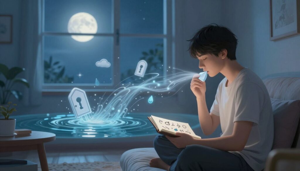 A conceptual illustration depicting a dream interpretation scene centered around urination. In the foreground, a serene figure sits peacefully in a cozy, tastefully decorated room, meditating over a notebook filled with symbols of dreams, such as clouds and water droplets. The middle ground features an ethereal depiction of flowing water, subtly represented, to symbolize the act of urination and the release of emotions, swirling around dream symbols like keyholes and locked doors. In the background, a window shows a calm night sky with a full moon casting soft, enchanting light into the room, creating a tranquil and reflective atmosphere. The overall mood is introspective and serene, conveying the deep meaning behind dreams about urination. No human subjects should be explicit or provocative; all should be attired in comfortable yet modest clothing.
