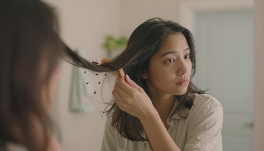 A dreamlike scene depicting a person gently examining their hair in a softly lit, serene bathroom. The foreground features a close-up of a hand delicately brushing through their hair, revealing small, ethereal representations of lice floating softly, almost like dream symbols. In the middle, the person's face reflects a mixture of curiosity and contemplation, wearing modest casual attire. The background showcases a calming, softly blurred bathroom interior with warm lighting, a hint of greenery, and pastel colors to evoke a tranquil atmosphere. The overall mood is introspective and slightly surreal, capturing the essence of dreams and subconscious thoughts about daily life challenges. The image should be visually harmonious, emphasizing a balance of realism and fantasy without any text or additional elements.