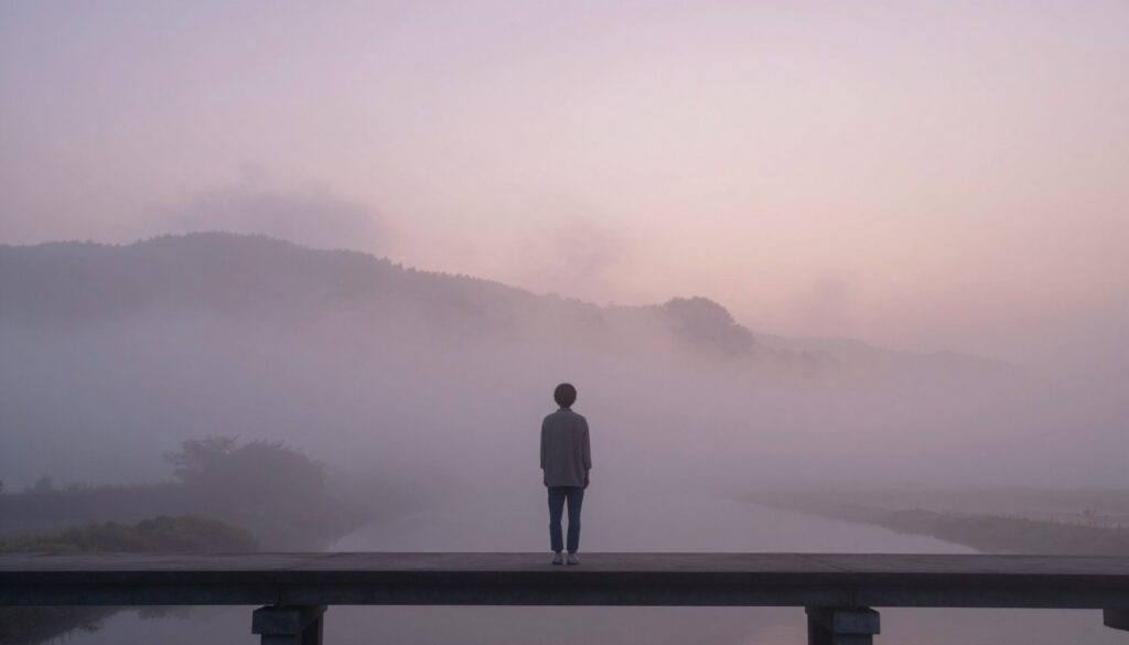 A dreamlike scene depicting the emotional complexities of longing and anxiety, centered around a solitary figure standing on a misty bridge at dawn. The foreground features the figure, dressed in modest casual clothing, gazing into the ethereal distance, embodying nostalgia and contemplation. In the middle ground, soft, swirling clouds and faint silhouettes of distant memories emerge, blending seamlessly with the atmosphere. The background reveals a serene landscape bathed in gentle pastel colors, symbolizing wistfulness and hope. The soft, diffused lighting enhances the dreamlike quality, while a slight fog adds an air of mystery. Use a wide-angle lens effect to capture the expansive dream state, evoking a sense of introspection and emotional depth.