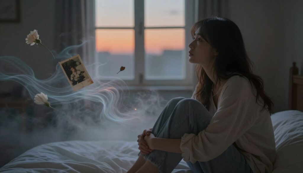 A dreamlike scene depicting the emotional essence of dreams about an ex-partner. In the foreground, a young adult woman with a contemplative expression, dressed in soft, casual clothing, sits on a bed surrounded by ethereal mist. She gazes thoughtfully at a luminous, airy dreamscape that flows into the middle ground, filled with surreal imagery symbolizing past memories—a faded photograph, a blooming flower, and a gentle breeze intertwining. In the background, a softly lit window shows a twilight sky, blending warm oranges and deep blues, creating a reflective and bittersweet atmosphere. The lighting is soft and diffused, enhancing the feelings of nostalgia and longing. The perspective is slightly tilted, adding a sense of dreaminess to the scene. A dreamlike scene depicting the emotional essence of dreams about an ex-partner. In the foreground, a young adult woman with a contemplative expression, dressed in soft, casual clothing, sits on a bed surrounded by ethereal mist. She gazes thoughtfully at a luminous, airy dreamscape that flows into the middle ground, filled with surreal imagery symbolizing past memories—a faded photograph, a blooming flower, and a gentle breeze intertwining. In the background, a softly lit window shows a twilight sky, blending warm oranges and deep blues, creating a reflective and bittersweet atmosphere. The lighting is soft and diffused, enhancing the feelings of nostalgia and longing. The perspective is slightly tilted, adding a sense of dreaminess to the scene.