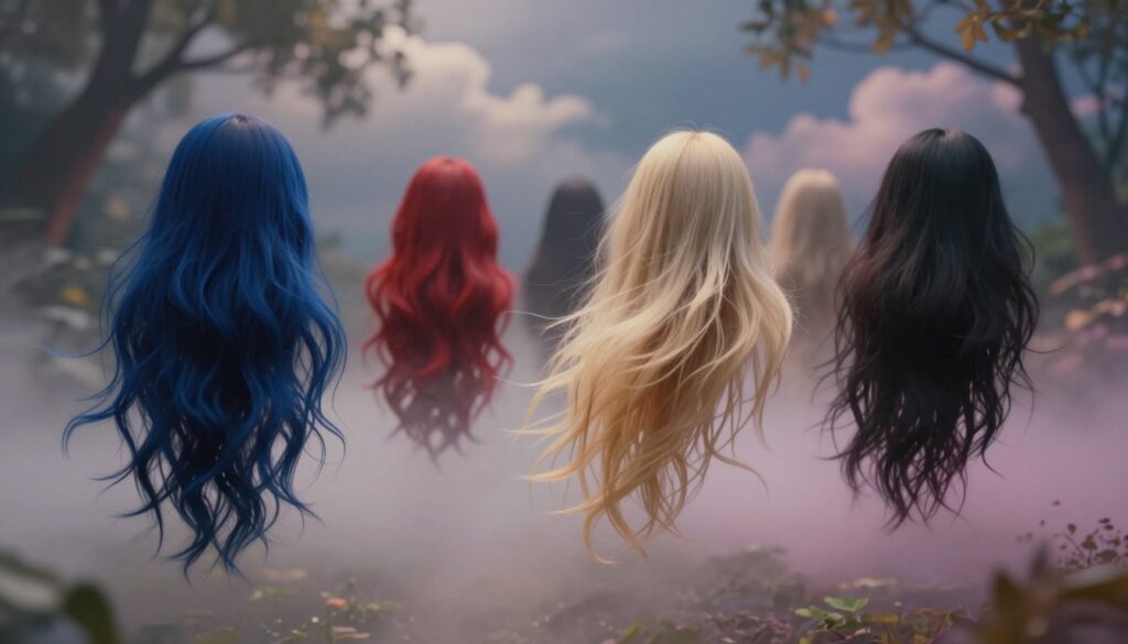 A dreamlike scene depicting various hair colors floating in an ethereal setting, symbolizing the significance of hair color in dreams. In the foreground, strands of hair in hues of deep blue, vivid red, soft blonde, and rich black appear to drift gently through the air, illuminated by soft, surreal lighting that casts a comforting glow. In the middle ground, a misty, abstract landscape fades into soft pastel colors, enhancing the dreamlike atmosphere. The background showcases soft, blurred silhouettes of tree branches and clouds, hinting at a serene night sky. The overall mood is reflective and introspective, evoking a sense of tranquility and mystery. Use a wide-angle lens to capture the expansive essence of the dream world.