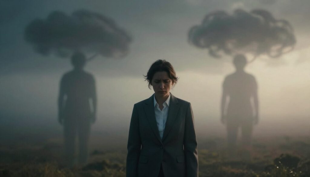 A dreamscape blending emotional turmoil and visions of illness. In the foreground, a figure in professional attire stands with a conflicted expression, embodying anxiety around health. The middle ground features shadowy, abstract representations of common ailments and fears, like swirling patterns of clouds and fog that symbolize confusion and worry. In the background, a soft, surreal landscape with muted colors transitions from dark to light, signifying hope amidst distress. The scene is illuminated by ethereal, diffused light, casting gentle shadows that enhance the mood of introspection and contemplation. The atmosphere is both haunting and hopeful, inviting viewers to reflect on the deeper meanings of dreams related to illness. A dreamscape blending emotional turmoil and visions of illness. In the foreground, a figure in professional attire stands with a conflicted expression, embodying anxiety around health. The middle ground features shadowy, abstract representations of common ailments and fears, like swirling patterns of clouds and fog that symbolize confusion and worry. In the background, a soft, surreal landscape with muted colors transitions from dark to light, signifying hope amidst distress. The scene is illuminated by ethereal, diffused light, casting gentle shadows that enhance the mood of introspection and contemplation. The atmosphere is both haunting and hopeful, inviting viewers to reflect on the deeper meanings of dreams related to illness.