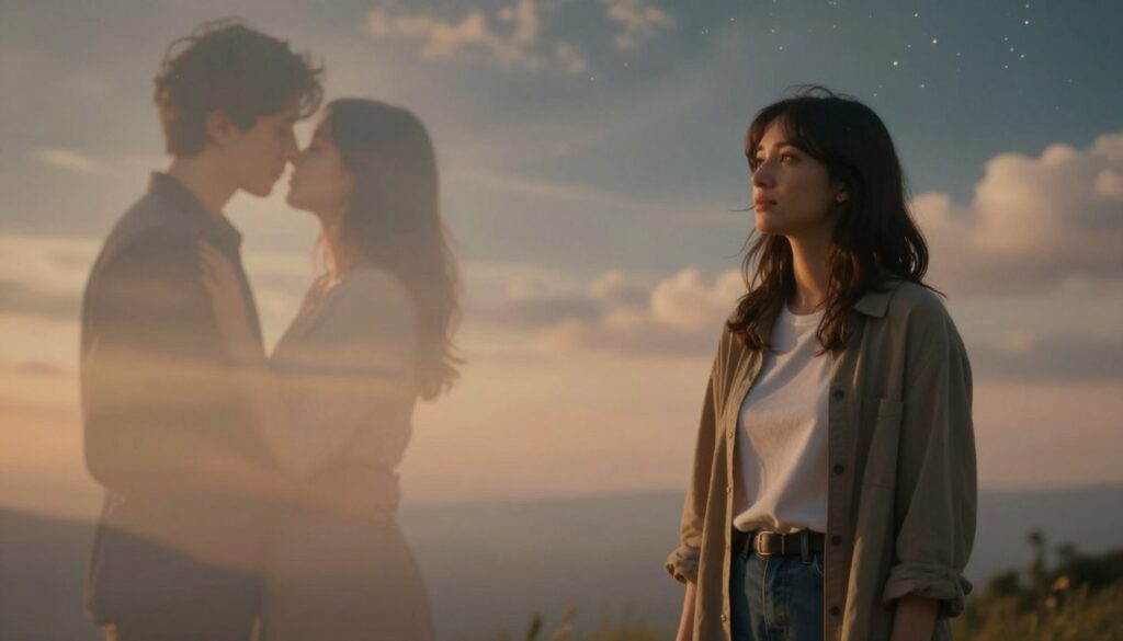 A dreamscape illustrating various scenarios about reconnecting with an ex-boyfriend. In the foreground, a woman in modest casual clothing stands thoughtfully, with a wistful expression as if reminiscing. In the middle ground, soft, ethereal visions of a conversation, a tender embrace, and a gentle kiss unfold, symbolizing different dream scenarios. The background transitions into softly blurred, fantastical elements like shimmering clouds and starry skies, creating a surreal yet comforting atmosphere. Warm, ambient lighting casts a serene glow throughout the scene, evoking a sense of nostalgia and reflection. The angle captures the essence of a dream, inviting viewers to lose themselves in this contemplative moment.