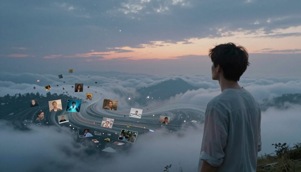 A dreamscape vividly illustrating the concept of "dream context and personal experiences." In the foreground, a semi-transparent figure representing a dreamer, dressed in modest casual clothing, gazes thoughtfully into a swirling landscape of thoughts and memories. In the middle, fragmented images of significant life events blend seamlessly with soft, ethereal clouds, symbolizing the overlap between dreams and waking life. In the background, a twilight sky reflects a sense of introspection, sprinkled with stars that represent various interpretations of dreams. The lighting is soft and diffused, creating a tranquil ambiance, while the overall mood conveys a blend of mystery and enlightenment, inviting viewers to explore the depths of their subconscious. The angle is slightly elevated, offering a panoramic view of this surreal dream environment.