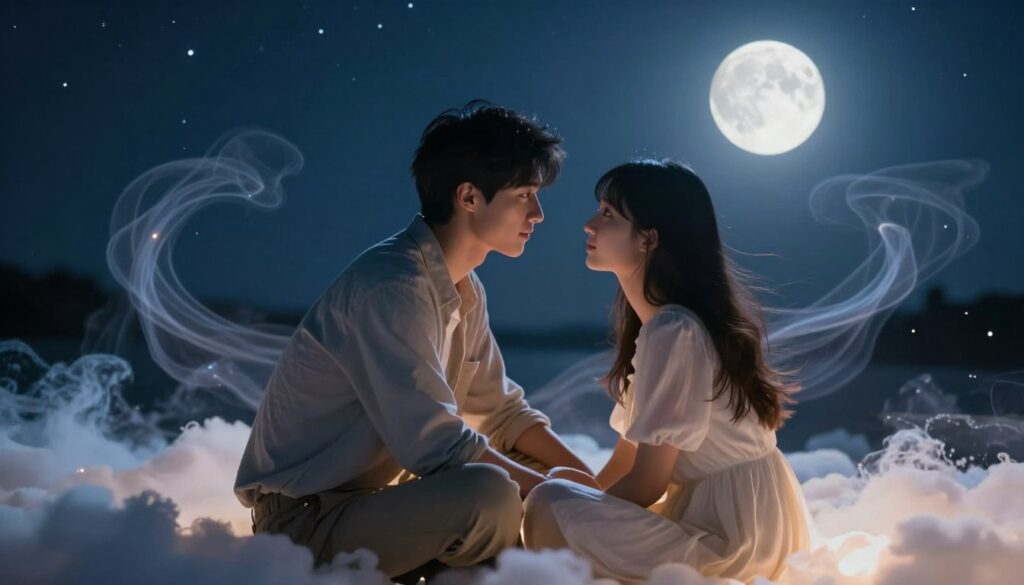A dreamy nighttime scene depicting a young couple in a cozy, ethereal setting, embodying the theme of love confessions in dreams. In the foreground, the couple sits on a soft cloud, gazing into each other's eyes, their expressions tender and filled with emotion. The young man, wearing casual yet stylish clothing, leans slightly closer, while the young woman, dressed in a light, flowing dress, looks bashfully at him. In the middle ground, wispy dreamlike elements swirl around them, symbolizing feelings and thoughts. The background features a starlit sky with a full moon casting a gentle, luminous glow over the scene, enhancing the romantic atmosphere. Soft, magical lighting creates an enchanting mood, inviting viewers to embrace the beauty of love and dreams. A dreamy nighttime scene depicting a young couple in a cozy, ethereal setting, embodying the theme of love confessions in dreams. In the foreground, the couple sits on a soft cloud, gazing into each other's eyes, their expressions tender and filled with emotion. The young man, wearing casual yet stylish clothing, leans slightly closer, while the young woman, dressed in a light, flowing dress, looks bashfully at him. In the middle ground, wispy dreamlike elements swirl around them, symbolizing feelings and thoughts. The background features a starlit sky with a full moon casting a gentle, luminous glow over the scene, enhancing the romantic atmosphere. Soft, magical lighting creates an enchanting mood, inviting viewers to embrace the beauty of love and dreams.