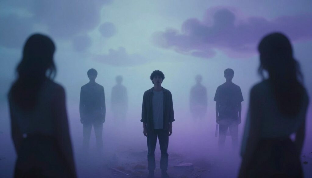 A mysterious dreamscape depicting a person encountering unfamiliar figures in a hazy, surreal environment. In the foreground, a contemplative individual in modest casual clothing stands with curious expression, surrounded by shadowy silhouettes of unknown people. The middle layer features an ethereal landscape with soft, dreamlike colors—blues and purples creating a soothing yet enigmatic atmosphere. In the background, wispy clouds and abstract shapes hint at the subconscious, symbolizing the complexities of dreams and the unknown. The lighting is soft and diffused, enhancing the surreal ambiance with an otherworldly glow. The overall mood is introspective and curious, inviting viewers to explore the meaning behind these mysterious interactions.