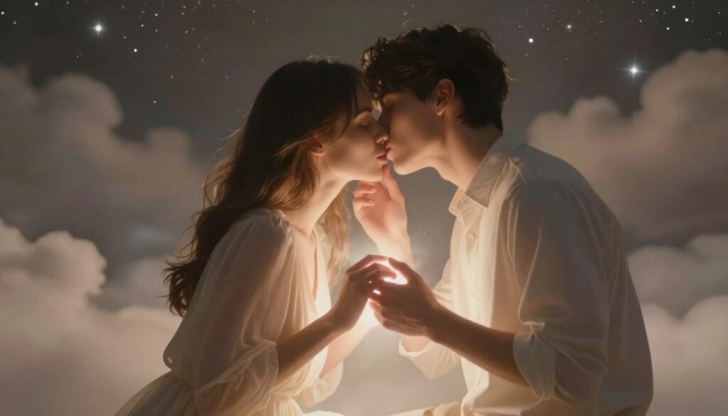 A mystical dreamscape depicting the spiritual essence of kissing, featuring two figures gently leaning towards each other in a moment of tenderness. The foreground showcases their hands almost touching, surrounded by a soft, ethereal glow that suggests a connection beyond the physical. In the middle, the figures are dressed in elegant, modest clothing that reflects their personalities—perhaps a light, flowing dress and a smart casual shirt. The background is filled with swirling clouds and stars, creating a celestial atmosphere that embodies romance and dreams. Warm, diffused lighting bathes the scene, enhancing the serene quality, while the overall composition captures the enchanting feeling of love and aspiration, inviting viewers to ponder the deeper meanings of affection in their dreams.