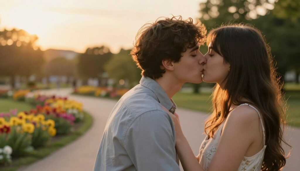 A romantic scene depicting a gentle kiss between two young adults who share a mutual attraction. In the foreground, the couple leans in for a kiss, their expressions filled with affection and warmth. The person on the left has short curly hair and is wearing a smart casual shirt, while the person on the right has long straight hair and is dressed in a light summer dress. In the middle ground, colorful flowers bloom along a soft, sunlit path, enhancing the intimate atmosphere. The background features a serene park with soft greenery and a dreamy sunset casting warm golden light, creating a magical and inviting mood. The image should be captured with a shallow depth of field, focusing on the couple while softly blurring the surroundings.