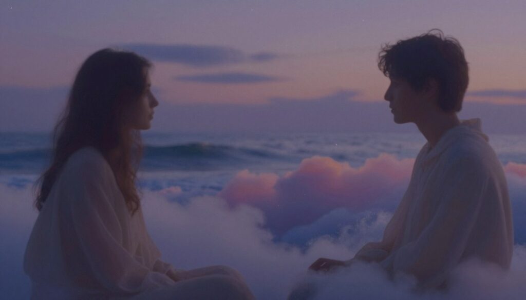 A serene and dreamlike scene depicting an abstract interpretation of erotic dreams, symbolizing the journey to understanding needs and emotions. In the foreground, soft, flowing shapes resemble silhouettes of two figures engaged in an intimate conversation, draped in modest clothing that conveys warmth and connection. In the middle ground, ethereal clouds blend with gentle waves of color, reflecting various emotions like passion, curiosity, and introspection. The background features a twilight sky, filled with muted shades of purple and blue, dotted with stars that softly illuminate the scene, creating a tranquil and contemplative atmosphere. The lighting is soft and diffuse, as if capturing the essence of twilight, while the overall mood conveys a sense of exploration and self-awareness. The composition should evoke warmth and curiosity without any explicit imagery.