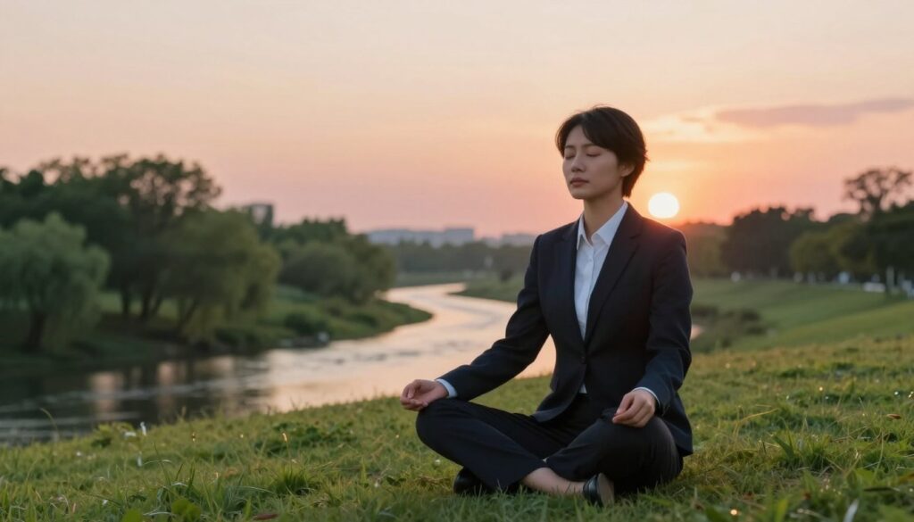 A serene and introspective scene capturing the essence of emotional and physical well-being. In the foreground, a person in professional attire sits cross-legged on a soft, grassy hill, eyes closed and hands resting on their knees, embodying a meditative state. Their expression reflects calmness and inner strength. In the middle ground, verdant trees and a gently flowing river symbolize vitality and the natural connection to emotions. The background features a soft sunset with warm hues of orange and pink, casting a gentle glow on the scene, creating an atmosphere of tranquility and reflection. Use soft lighting to enhance the peaceful mood, with a slight focus on the subject to emphasize their harmony with nature.