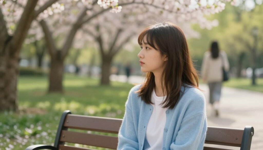 A serene and introspective scene featuring a young woman sitting on a park bench, deep in thought. She has shoulder-length brown hair and is wearing a soft, light blue cardigan over a simple white shirt, embodying a sense of modesty and calm. The foreground captures her profile, with her gaze directed towards a distant figure fading into the background, symbolizing the person she has lost contact with. The middle ground is filled with lush greenery, soft blossoms, and gentle sunlight filtering through the trees, creating a warm and contemplative atmosphere. The background features a blurred path that suggests a journey, representing memories and past connections. The lighting is soft and warm, evoking a sense of nostalgia and reflection. A shallow depth of field accentuates the emotional essence of the moment.