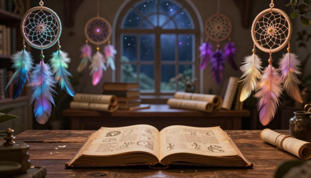 A serene and mystical dream interpretation scene depicting a variety of cultural symbols related to dreams. In the foreground, an open ancient book with illustrated dream symbols lies on a rustic wooden table, illuminated by warm, soft lighting. Surrounding the book, a few ethereal dreamcatchers adorned with colorful feathers gently sway, symbolizing the protection of dreams. In the middle ground, shelves filled with worn texts and scrolls representing various cultures and their beliefs about dreams create depth. The background features a dreamy, starry night sky visible through a large arched window, adding a sense of wonder and introspection. The overall atmosphere is tranquil and contemplative, inviting viewers to ponder the deep cultural and psychological context behind dream interpretation.