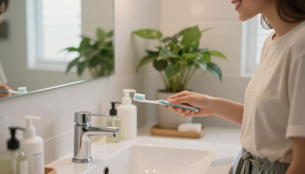 A serene bathroom scene capturing the process of brushing teeth. In the foreground, a person dressed in modest casual clothing stands at a stylish sink, gently holding a toothbrush with a dab of mint toothpaste. They are smiling, showcasing healthy, white teeth. The middle layer reveals a gleaming mirror, reflecting soft morning light that casts a warm glow, enhancing the inviting atmosphere. The background features neatly arranged toiletries and a lush green plant that adds freshness to the scene. The lighting is bright yet soft, creating a calm and clean ambiance. The overall mood is one of personal care and daily routine, emphasizing the importance of oral hygiene in both waking life and dreams. A serene bathroom scene capturing the process of brushing teeth. In the foreground, a person dressed in modest casual clothing stands at a stylish sink, gently holding a toothbrush with a dab of mint toothpaste. They are smiling, showcasing healthy, white teeth. The middle layer reveals a gleaming mirror, reflecting soft morning light that casts a warm glow, enhancing the inviting atmosphere. The background features neatly arranged toiletries and a lush green plant that adds freshness to the scene. The lighting is bright yet soft, creating a calm and clean ambiance. The overall mood is one of personal care and daily routine, emphasizing the importance of oral hygiene in both waking life and dreams.
