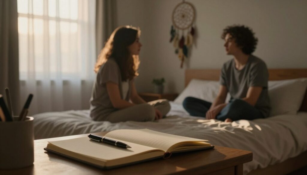 A serene bedroom setting at dawn, softly lit by gentle, warm sunlight filtering through sheer curtains. In the foreground, a thoughtfully arranged bedside table holds a dream journal, open with a pen beside it, symbolizing the exploration of dreams and relationships. In the middle ground, a couple sits on the bed, dressed in modest casual clothing, engaged in a deep conversation, reflecting a mix of warmth and contemplation about their past and present connection. In the background, a dream catcher hangs on the wall, symbolizing the influence of dreams on real life. The atmosphere is calm and introspective, evoking a sense of reflection on the interplay between dreams and current relationships.