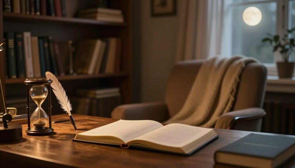 A serene, contemplative scene depicting a cozy, dimly-lit study filled with dream interpretation tools. In the foreground, a well-organized desk with an open dream journal, a quill, and an antique hourglass, symbolizing reflection and analysis. In the middle, an inviting armchair with a soft blanket draped over it, suggesting comfort and introspection. The background features a wall lined with shelves of books on psychology and dreams, a window with sheer curtains allowing soft moonlight to filter in, creating a tranquil atmosphere. The lighting is warm, with a golden hue illuminating the space, evoking a sense of curiosity and introspection, perfect for exploring the mysteries of dreams. The angle captures the essence of a personal sanctuary dedicated to understanding dreams.