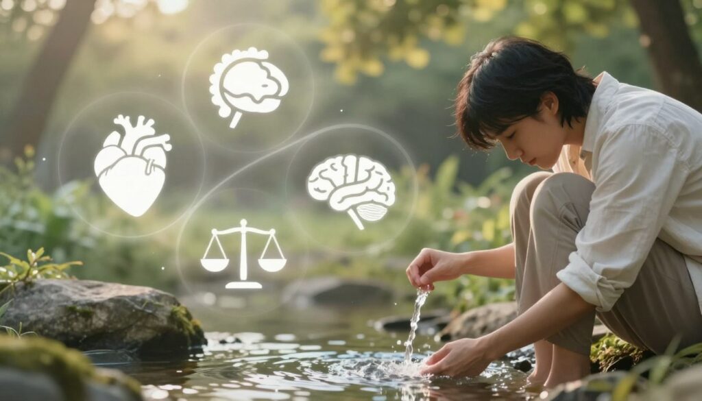 A serene, dreamlike scene depicting the symbolism of urine in a health context. In the foreground, a calm, reflective figure dressed in modest casual clothing contemplates a stream of water flowing gently, symbolizing clarity and emotional release. The middle ground features abstract icons symbolizing health aspects, like a heart, a brain, and a set of scales, all intertwined with soft, flowing lines that represent emotional wellbeing. In the background, a tranquil natural setting with softly blurred greenery and a gentle light filtering through trees, creating a peaceful atmosphere. Use soft, warm lighting and a slightly dreamy focus, akin to a wide lens capture, to evoke a sense of introspection and serenity, emphasizing the connection between health and emotions.