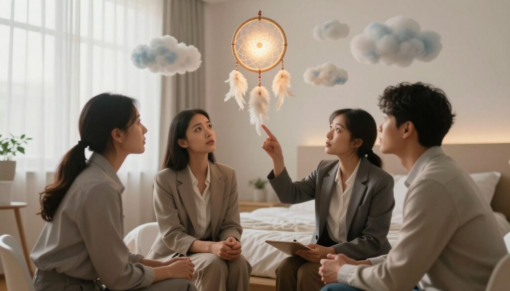A serene dreamscape focusing on the theme of health and illness. In the foreground, a diverse group of three individuals—two women and one man—dressed in professional business attire, are engaged in a thoughtful discussion about dream interpretation. One woman is pointing towards a softly glowing dreamcatcher hanging above them, symbolizing the filtering of dreams. In the middle ground, subtle images of clouds and abstract forms represent various illnesses and emotions, blending into the scene. The background features a tranquil bedroom with a warm, inviting color palette, illuminated by gentle morning light streaming through sheer curtains. The overall atmosphere is contemplative, aiming to evoke a sense of hope and guidance in understanding dreams about illness. A serene dreamscape focusing on the theme of health and illness. In the foreground, a diverse group of three individuals—two women and one man—dressed in professional business attire, are engaged in a thoughtful discussion about dream interpretation. One woman is pointing towards a softly glowing dreamcatcher hanging above them, symbolizing the filtering of dreams. In the middle ground, subtle images of clouds and abstract forms represent various illnesses and emotions, blending into the scene. The background features a tranquil bedroom with a warm, inviting color palette, illuminated by gentle morning light streaming through sheer curtains. The overall atmosphere is contemplative, aiming to evoke a sense of hope and guidance in understanding dreams about illness.