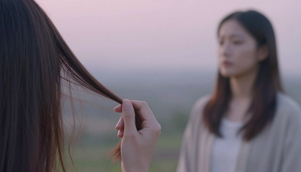 A serene dreamscape illustrating the significance of a dream about hair loss. In the foreground, a close-up of a woman’s hair gently flowing through her fingers, with strands dissolving into delicate wisps, symbolizing vitality slipping away. The middle layer features a blurred reflection of a soft, contemplative face gazing thoughtfully into the distance, adorned in modest casual clothing, embodying introspection and concern. The background showcases a dreamy, ethereal landscape with soft pastel colors, evoking a sense of calm and introspection. The lighting is soft and diffused, reminiscent of early dawn, enhancing the mood of contemplation and vulnerability. The scene should evoke a sense of mystery and reflection, inviting the viewer to ponder the deeper meanings of dreams related to loss and vitality.