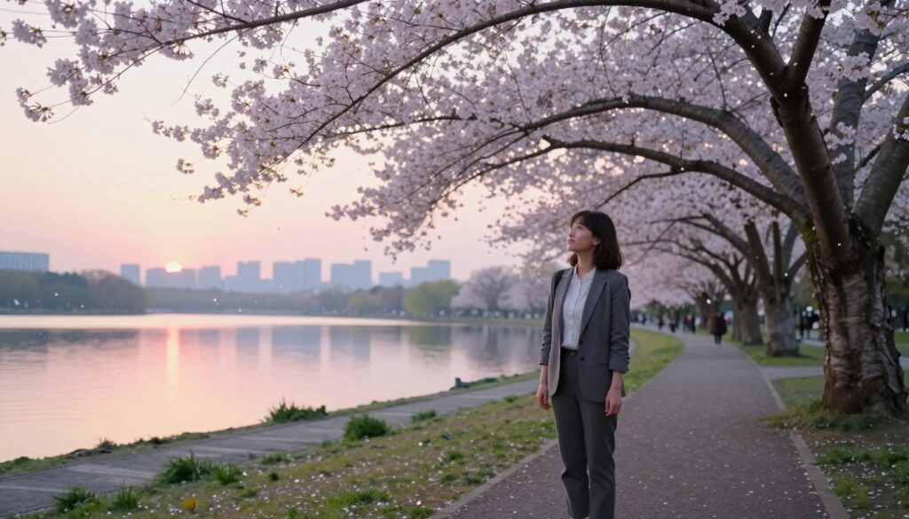 A serene park scene at dawn, symbolizing new beginnings after a breakup. In the foreground, a young woman in a casual yet professional outfit stands contemplatively on a path lined with blooming cherry blossom trees, her expression reflecting hope and introspection. In the middle ground, a soft light filters through the leaves, creating a warm ambiance. A gentle breeze rustles the petals, which dance in the air. In the background, a tranquil lake mirrors the soft pastel colors of the sunrise, while a distant silhouette of a city skyline suggests new opportunities. The mood is uplifting and fresh, capturing the essence of moving forward with grace and positivity. Use a wide-angle lens to emphasize the space and capture the beauty surrounding her. Natural, soft lighting enhances the tranquil atmosphere. A serene park scene at dawn, symbolizing new beginnings after a breakup. In the foreground, a young woman in a casual yet professional outfit stands contemplatively on a path lined with blooming cherry blossom trees, her expression reflecting hope and introspection. In the middle ground, a soft light filters through the leaves, creating a warm ambiance. A gentle breeze rustles the petals, which dance in the air. In the background, a tranquil lake mirrors the soft pastel colors of the sunrise, while a distant silhouette of a city skyline suggests new opportunities. The mood is uplifting and fresh, capturing the essence of moving forward with grace and positivity. Use a wide-angle lens to emphasize the space and capture the beauty surrounding her. Natural, soft lighting enhances the tranquil atmosphere.