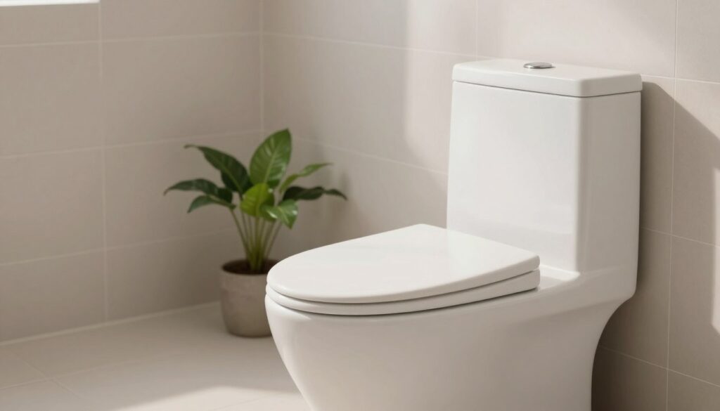 A serene restroom setting featuring a clean, modern toilet in the foreground. The toilet is elegantly designed with soft curves and a glossy finish, positioned against a well-lit tiled wall. In the middle ground, there's a small potted plant adding a touch of greenery, creating a sense of calm. The background showcases subtle, neutral tones, enhancing the tranquil atmosphere. Soft, diffused lighting casts gentle shadows, contributing to a clean and peaceful ambiance. The perspective is slightly angled to give depth to the image while maintaining focus on the toilet. The overall mood is relaxing and hygienic, evoking thoughts about cleanliness and comfort related to restroom experiences.