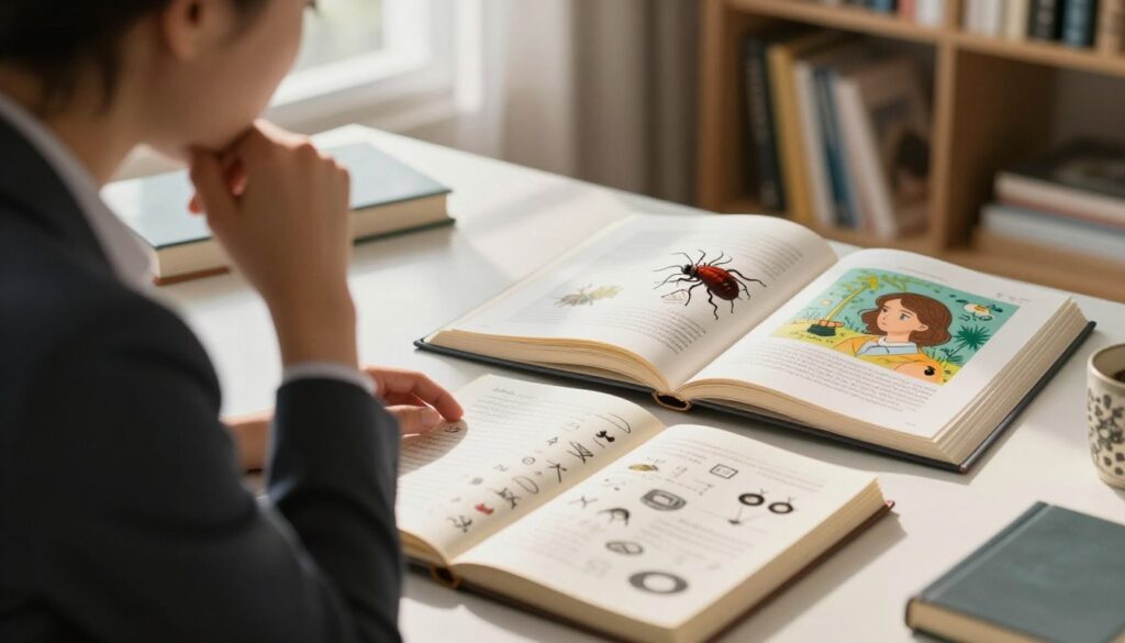 A serene, softly lit scene illustrating practical tips for dream interpretation, focusing on the theme of dealing with problems symbolized by parasitic infestations. In the foreground, a thoughtful person in professional attire leans over a desk, examining a journal filled with dream symbols. The middle ground features open books and vibrant illustrations of dreams, particularly highlighting the concept of lice in hair. The background shows a calming environment, perhaps a cozy study with shelves filled with reference materials. Natural light filters through a window, casting gentle shadows, creating an introspective atmosphere. The overall mood is reflective and encouraging, inviting viewers to explore dream meanings and solutions.