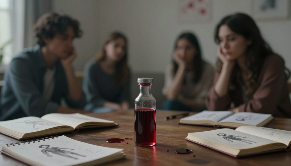 A somber yet captivating scene depicting a dream-like interpretation of blood, reflecting its symbolism in dreams. In the foreground, a dimly lit room contains a wooden table with a small glass vial filled with dark red liquid, symbolizing blood, surrounded by scattered dream journals and symbolic drawings of human figures. The middle ground features blurred silhouettes of people with thoughtful expressions, representing different emotional reactions to the idea of blood in dreams, dressed in modest casual clothing. The background is softly illuminated with shadows and hints of abstract shapes, adding a surreal atmosphere. Use soft, diffused lighting to create a contemplative mood. The viewpoint is slightly angled, capturing both the intense emotion of the scene and the ethereal nature of dreams.