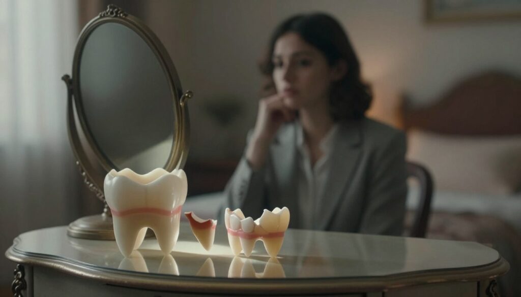 A surreal and symbolic interpretation of a dream featuring broken teeth. In the foreground, a fragmented set of teeth sits atop an ornate, antique vanity table, reflecting the light with a soft, ethereal glow. In the middle ground, a dreamlike figure—dressed in modest, professional attire—gazes thoughtfully into a vintage mirror, their expression one of contemplation and unease. The background is a softly blurred, atmospheric bedroom, with muted colors and gentle shadows that create a feeling of introspection and surrealism. The lighting is ambient and soft, evoking a dream-like state, with a warm color palette to enhance the emotional depth of the scene. The overall mood is reflective and slightly eerie, capturing the essence of exploring hidden meanings behind dental dreams. A surreal and symbolic interpretation of a dream featuring broken teeth. In the foreground, a fragmented set of teeth sits atop an ornate, antique vanity table, reflecting the light with a soft, ethereal glow. In the middle ground, a dreamlike figure—dressed in modest, professional attire—gazes thoughtfully into a vintage mirror, their expression one of contemplation and unease. The background is a softly blurred, atmospheric bedroom, with muted colors and gentle shadows that create a feeling of introspection and surrealism. The lighting is ambient and soft, evoking a dream-like state, with a warm color palette to enhance the emotional depth of the scene. The overall mood is reflective and slightly eerie, capturing the essence of exploring hidden meanings behind dental dreams.
