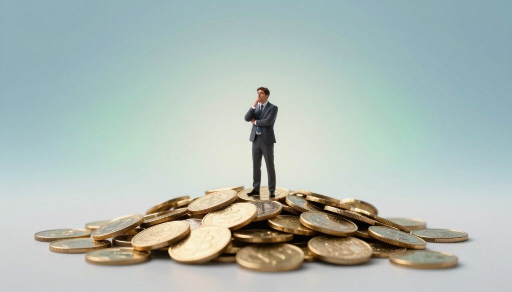 A surreal and thought-provoking scene depicting the concept of financial dreams, centered around a stylized, abstract representation of money intertwined with symbolic imagery of waste. In the foreground, a glistening pile of gold coins softly merging into a whimsical representation of waste, symbolizing the contrast between wealth and loss. In the middle ground, a dreamlike figure in professional attire stands contemplatively, gazing at the scene, reflecting a mixture of confusion and clarity. The background fades into a soft gradient of blues and greens, suggesting a tranquil yet complex emotional landscape. Soft, diffused lighting creates an ethereal atmosphere, while a slight depth of field accentuates the central themes of finance and emotion.