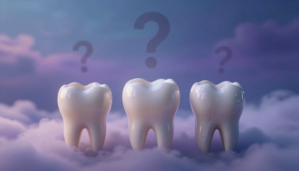 A surreal composition illustrating the differences in dream interpretations about teeth, focusing on milk teeth, incisors, and molars. In the foreground, a close-up of three distinct teeth types: a shiny milk tooth, a prominent incisor with a smooth surface, and a rugged molar with visible textures, each positioned on a soft, dreamlike cloud. The middle layer features abstract representations of dream elements, such as floating question marks and whispering shadows, surrounded by a gentle swirl of colors evoking a mysterious atmosphere. The background is a hazy blend of soft blues and purples, reminiscent of a twilight sky, enhancing a sense of introspection and contemplation. Use soft, diffused lighting to create a calming, ethereal mood, with a slight vignette effect focusing on the teeth. A surreal composition illustrating the differences in dream interpretations about teeth, focusing on milk teeth, incisors, and molars. In the foreground, a close-up of three distinct teeth types: a shiny milk tooth, a prominent incisor with a smooth surface, and a rugged molar with visible textures, each positioned on a soft, dreamlike cloud. The middle layer features abstract representations of dream elements, such as floating question marks and whispering shadows, surrounded by a gentle swirl of colors evoking a mysterious atmosphere. The background is a hazy blend of soft blues and purples, reminiscent of a twilight sky, enhancing a sense of introspection and contemplation. Use soft, diffused lighting to create a calming, ethereal mood, with a slight vignette effect focusing on the teeth.