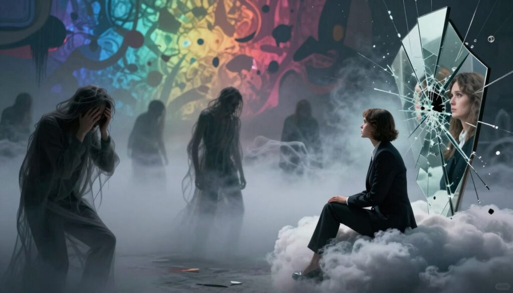A surreal depiction of the symbolism of mental illness in dreams. In the foreground, an enigmatic figure in a professional outfit sits on a dream-like cloud, gazing at fractured mirrors reflecting distorted emotions. The middle section features shadowy figures that represent anxiety and despair, entwined with ethereal wisps of fog, symbolizing confusion and uncertainty. In the background, a kaleidoscope of colors forms a dreamscape with abstract shapes and fragmented thoughts, evoking a sense of chaos. Soft, ethereal lighting casts gentle shadows, enhancing the mood of introspection and depth. The angle is slightly tilted, creating a disorienting perspective that invites contemplation and exploration of the subconscious. A surreal depiction of the symbolism of mental illness in dreams. In the foreground, an enigmatic figure in a professional outfit sits on a dream-like cloud, gazing at fractured mirrors reflecting distorted emotions. The middle section features shadowy figures that represent anxiety and despair, entwined with ethereal wisps of fog, symbolizing confusion and uncertainty. In the background, a kaleidoscope of colors forms a dreamscape with abstract shapes and fragmented thoughts, evoking a sense of chaos. Soft, ethereal lighting casts gentle shadows, enhancing the mood of introspection and depth. The angle is slightly tilted, creating a disorienting perspective that invites contemplation and exploration of the subconscious.
