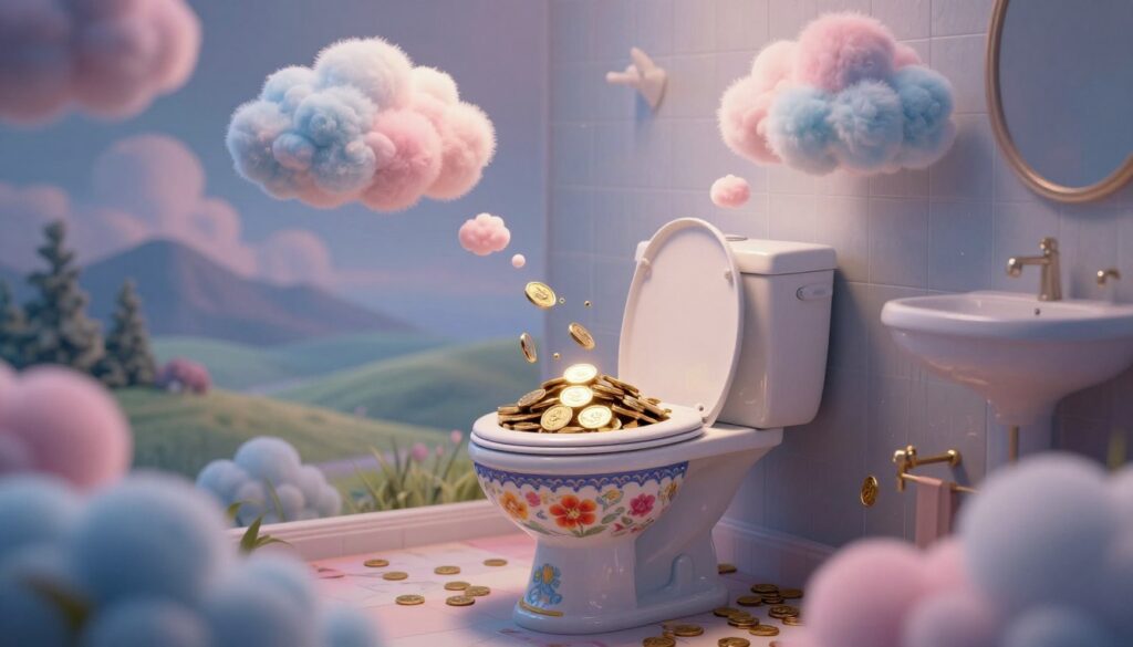A surreal, dream-like interpretation of a bathroom scene, focusing on a whimsical portrayal of dreams about waste. In the foreground, a colorful porcelain toilet with an ornate design, possibly featuring vivid floral patterns. Surrounding the toilet, cartoonish clouds symbolizing thoughts and dreams, swirling around, in pastel colors like soft pinks and blues. In the middle ground, an abstract representation of treasures and coins flowing from the toilet, hinting at the interpretation of waste as potential wealth. Soft, ambient lighting casts a gentle glow over the scene, creating a tranquil mood. In the background, an ethereal landscape of rolling hills and distant mountains, adding depth to the dreamlike quality. The image is slightly blurred around the edges to enhance the surreal atmosphere.