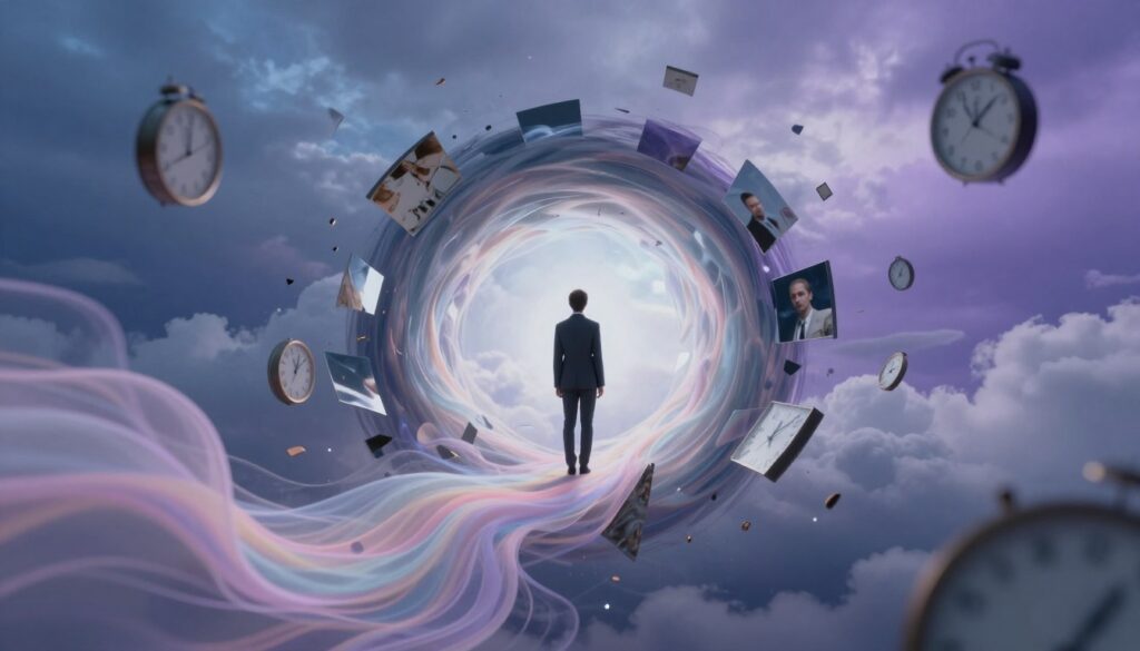 A surreal dreamscape featuring a person standing at the edge of a mysterious, swirling portal, dressed in professional business attire, with reflective surfaces revealing fragmented memories surrounding them. In the foreground, ethereal wisps of soft pastel colors twirl around, symbolizing subconscious thoughts. The middle ground showcases floating clocks and dream fragments, hinting at the concept of recurring dreams. The background is a cloudy sky blending into deep blues and purples, creating an ethereal atmosphere. Soft, diffused lighting gently illuminates the scene, with a focal point on the portal, capturing both intrigue and calmness. The overall mood conveys a sense of introspection and exploration of the subconscious mind.