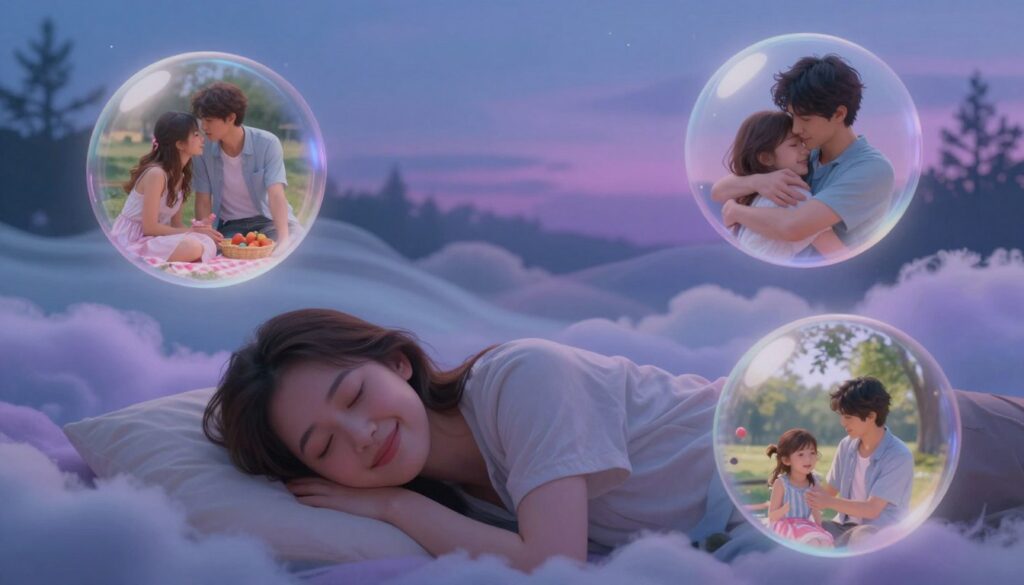 A surreal illustration depicting various interpretations of dreams about a young man, with a focus on emotions and scenarios. In the foreground, a dreaming woman gently smiles as she is surrounded by ethereal dream bubbles showing different dream scenes: one shows a romantic picnic, another a comforting hug, and a third a playful moment in a park. In the middle, soft, flowing dreamlike clouds create a whimsical backdrop, merging colors of twilight blues and purples. In the background, faint silhouettes of gentle trees and a serene, starlit sky enhance the tranquil atmosphere. The lighting is soft and diffused, creating a dreamy ambiance. The overall mood should evoke warmth, nostalgia, and longing, capturing the essence of youthful affection and the complexities of love. A surreal illustration depicting various interpretations of dreams about a young man, with a focus on emotions and scenarios. In the foreground, a dreaming woman gently smiles as she is surrounded by ethereal dream bubbles showing different dream scenes: one shows a romantic picnic, another a comforting hug, and a third a playful moment in a park. In the middle, soft, flowing dreamlike clouds create a whimsical backdrop, merging colors of twilight blues and purples. In the background, faint silhouettes of gentle trees and a serene, starlit sky enhance the tranquil atmosphere. The lighting is soft and diffused, creating a dreamy ambiance. The overall mood should evoke warmth, nostalgia, and longing, capturing the essence of youthful affection and the complexities of love.