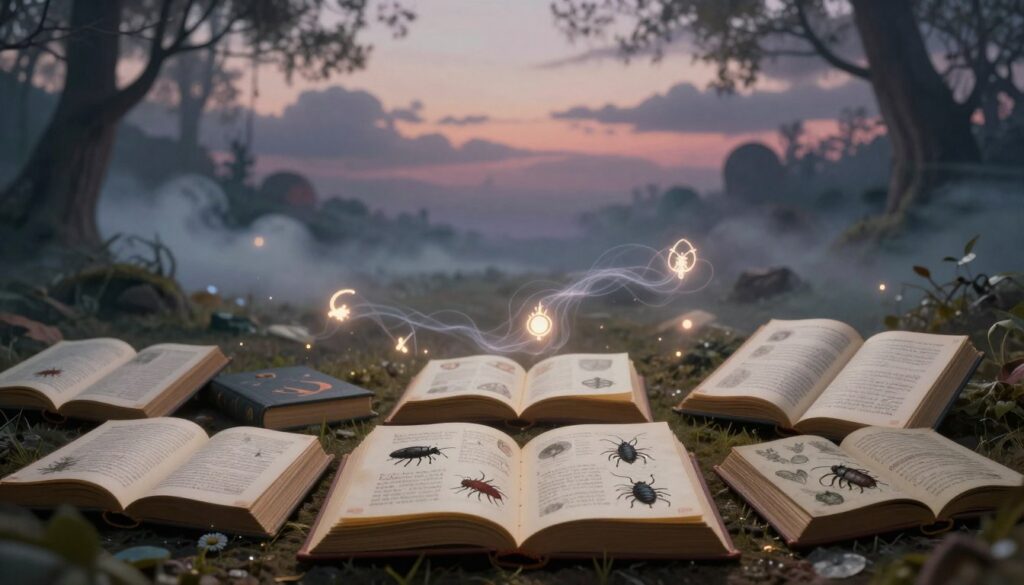 A surreal interpretation of a dream journal, depicting a mystical landscape influenced by subconscious imagery. In the foreground, a collection of open dream books with intricate illustrations of common dream symbols like parasites, particularly lice, juxtaposed with symbolic representations of warnings and interpretations. The middle ground shows softly glowing wisps of ethereal light weaving through dream symbols, suggesting hidden meanings. The background features a dreamy, abstract landscape, with wispy clouds and ethereal trees under a dusk sky, casting a tranquil, yet slightly ominous atmosphere. Use soft, ambient lighting to enhance the dreamlike quality, with a focus on rich, deep colors to evoke contemplation and mystery. The composition should feel inviting yet thought-provoking, encouraging exploration of the dream meanings without any text or figures.