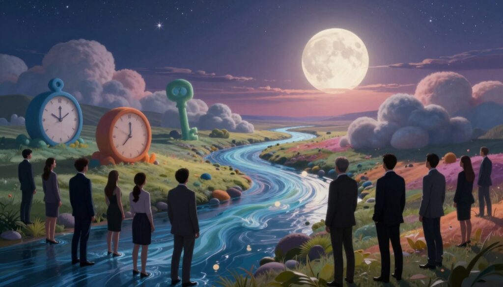 A surreal landscape depicting the role of the subconscious in dreams, with a flowing river of vivid colors representing thoughts and emotions winding through the scene. In the foreground, silhouettes of a diverse group of individuals in professional business attire, standing thoughtfully as they gaze into the river. In the middle ground, dreamlike shapes of common symbols like clocks, keys, and clouds emerge from the water, gently blending with the colors. The background features a twilight sky filled with stars and a large, luminous moon, casting soft, ethereal light over the scene. The atmosphere is mystical and contemplative, inviting viewers to reflect on the inner workings of the subconscious mind in dream creation.