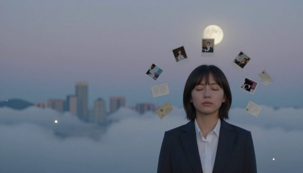 A surreal scene depicting the connection between dreams and real-life events; in the foreground, a person in professional attire, eyes closed, surrounded by floating symbols of memories—like photographs and letters, representing past relationships. In the middle ground, a soft, dreamlike landscape blends elements of the real world, such as a city skyline, with ethereal clouds and stars, suggesting a shifting reality. The background features a twilight sky, illuminated by the glow of a full moon casting gentle light, creating an introspective atmosphere. The composition should evoke a sense of nostalgia and contemplation, captured with a soft focus lens to enhance the dreamlike quality while maintaining clarity on the foreground elements. A surreal scene depicting the connection between dreams and real-life events; in the foreground, a person in professional attire, eyes closed, surrounded by floating symbols of memories—like photographs and letters, representing past relationships. In the middle ground, a soft, dreamlike landscape blends elements of the real world, such as a city skyline, with ethereal clouds and stars, suggesting a shifting reality. The background features a twilight sky, illuminated by the glow of a full moon casting gentle light, creating an introspective atmosphere. The composition should evoke a sense of nostalgia and contemplation, captured with a soft focus lens to enhance the dreamlike quality while maintaining clarity on the foreground elements.